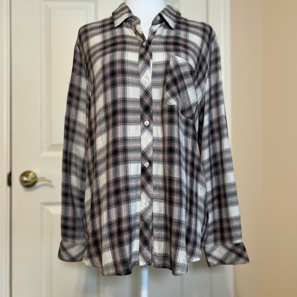 EUC Rails Hunter Long Sleeve Plaid Top Ivory Coral Blush Size Medium - Picture 1 of 5